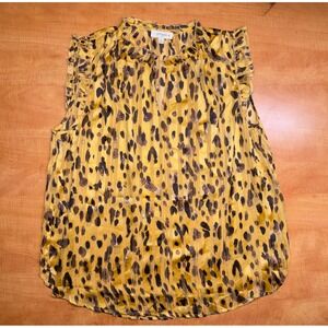 Umgee USA Leopard Print Metallic Stripe Ruffle Neck Blouse XL Yellow